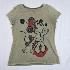Disney Parks Minnie Mouse Rhinestone Embroidered Olive Green Women's T-Shirt LG